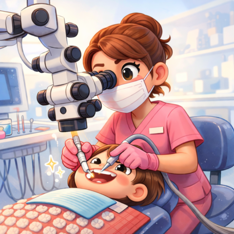 顕微鏡を用いてPMTCをする歯科衛生士