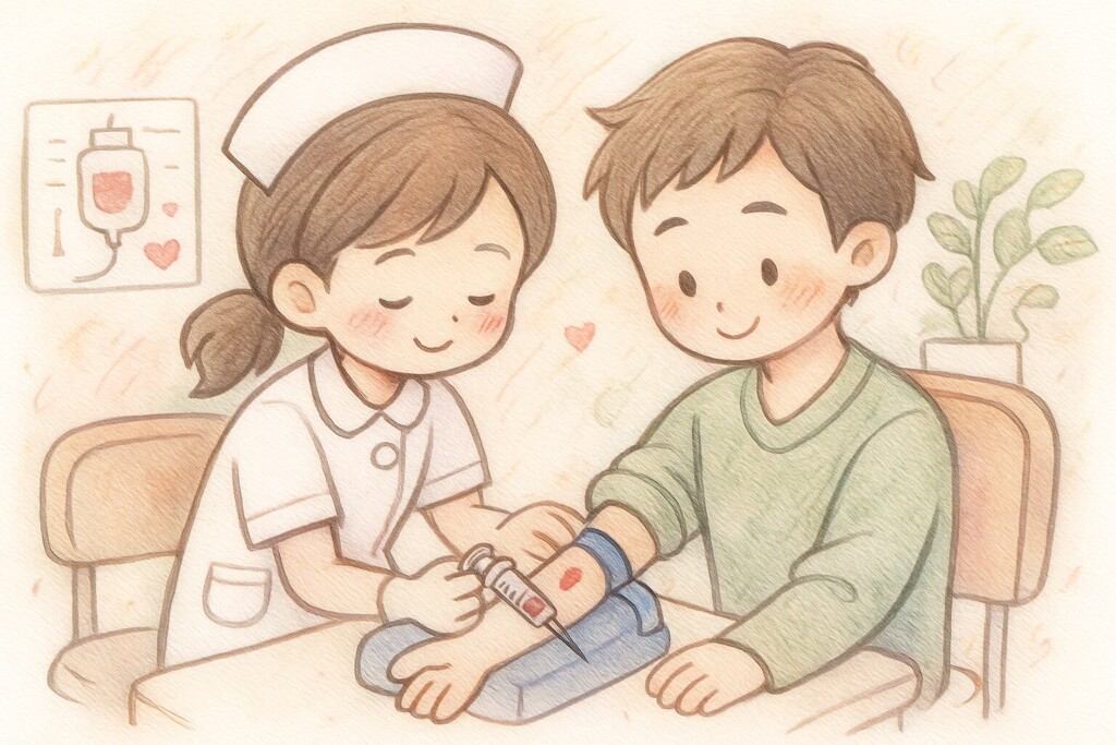 採血が終わっってホッとしているところ